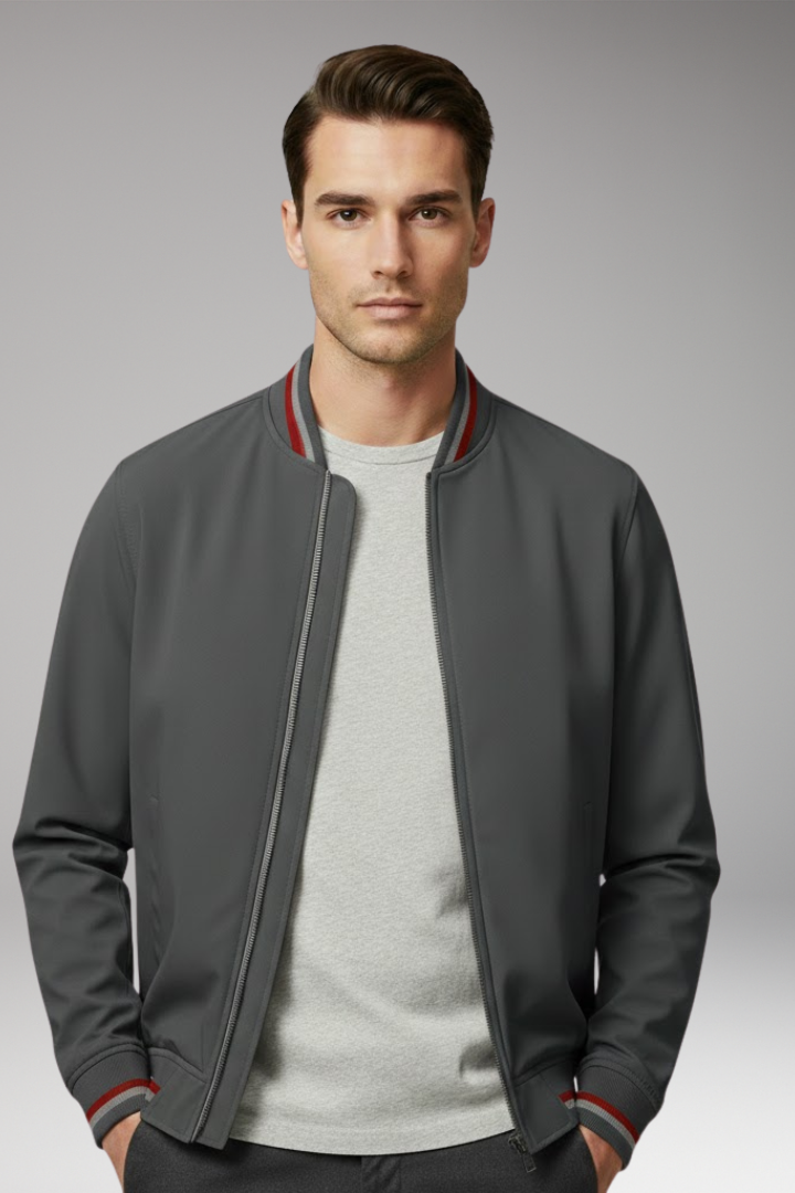Men’s Bomber Jacket with Front Zip and Ribbed Trim