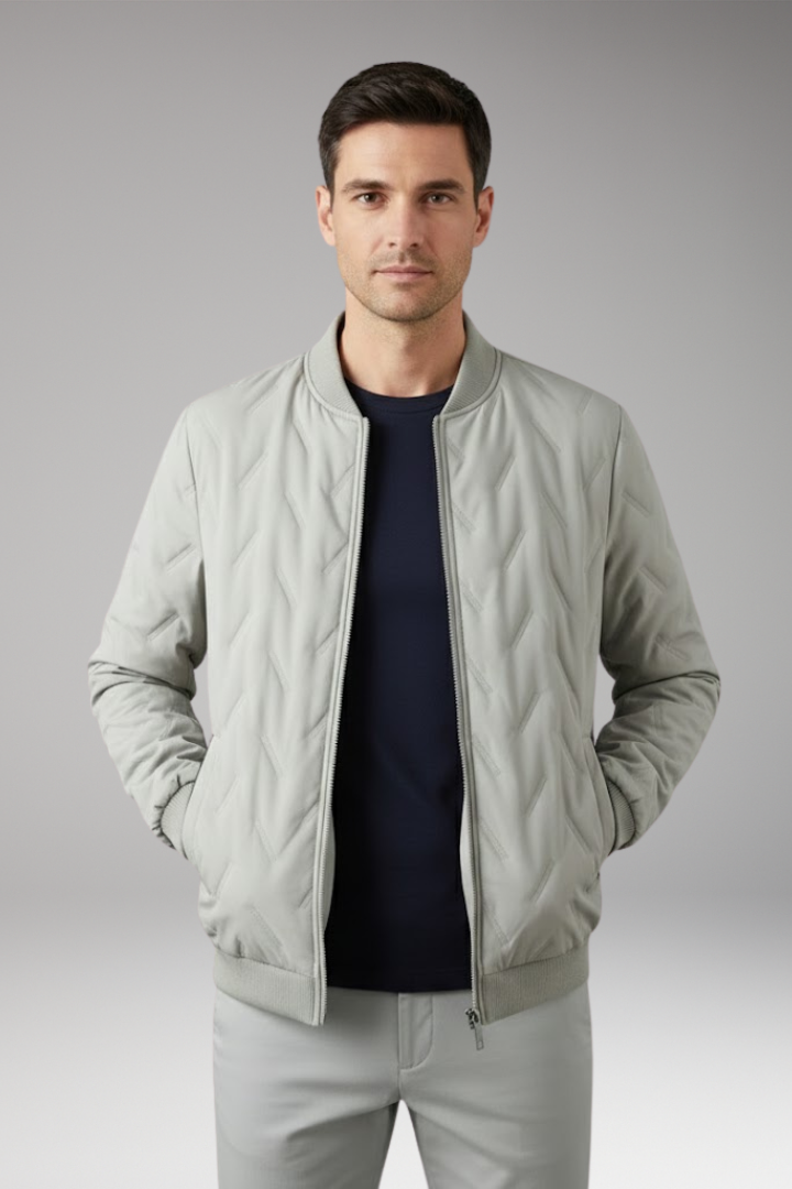 Men's Bomber Jacket with Ribbed Collar and Full-Zip Front