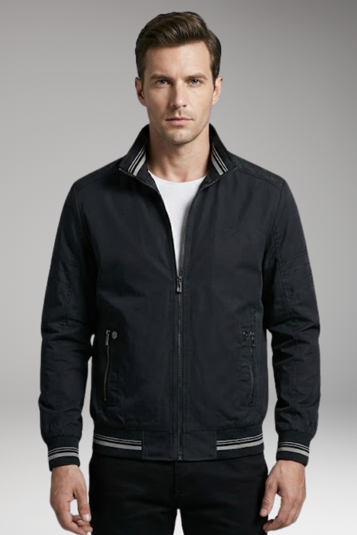 Men's Bomber Jacket with Stand-Up Collar and Zippered Pockets
