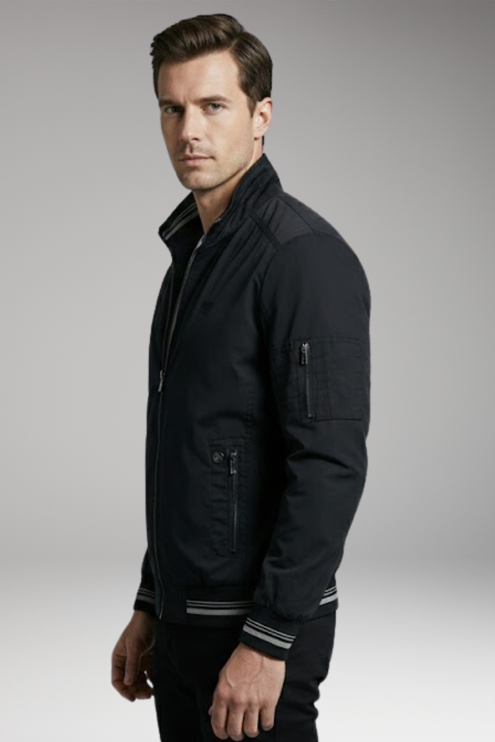Men's Bomber Jacket with Stand-Up Collar and Zippered Pockets