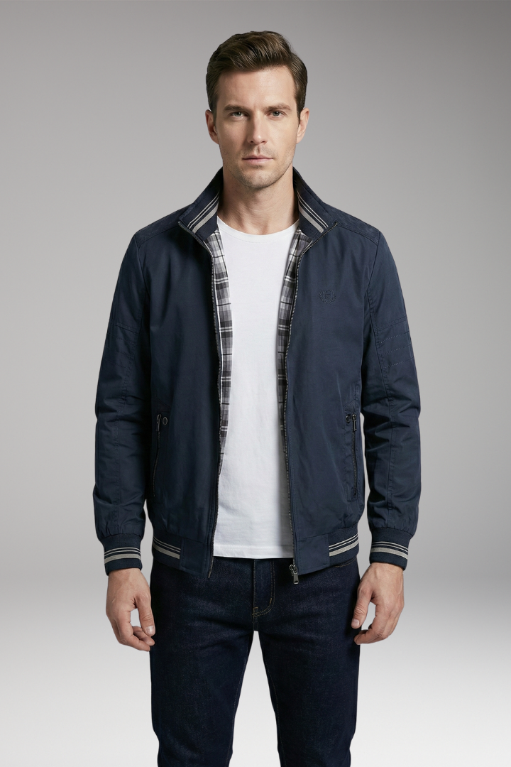 Men's Bomber Jacket with Stand-Up Collar and Zippered Pockets