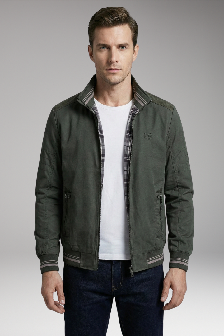 Men's Bomber Jacket with Stand-Up Collar and Zippered Pockets