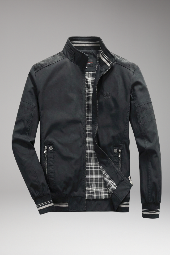 Men's Bomber Jacket with Stand-Up Collar and Zippered Pockets