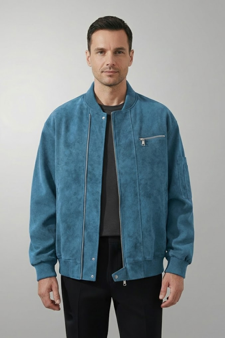 Men's Bomber Jacket with Zipper Closure and Elastic Cuffs