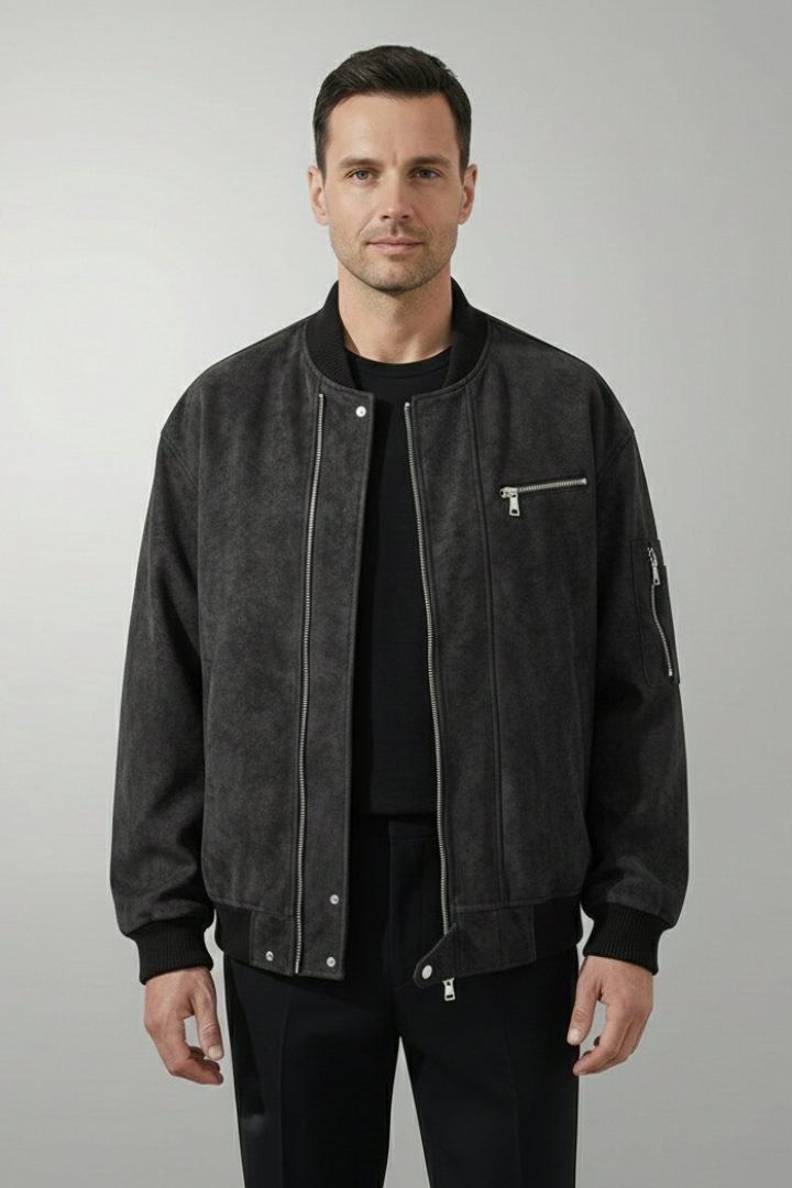 Men's Bomber Jacket with Zipper Closure and Elastic Cuffs