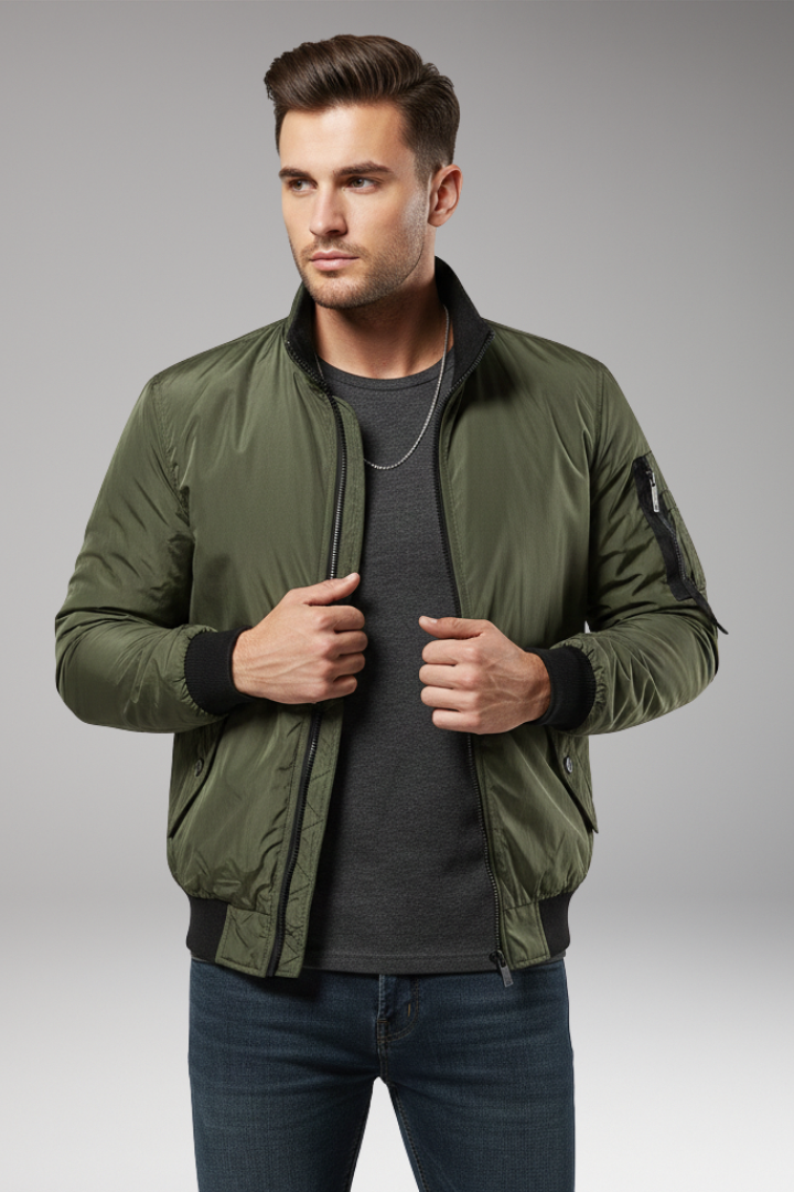 Men’s Bomber Jacket with Zipper Closure and Ribbed Edges