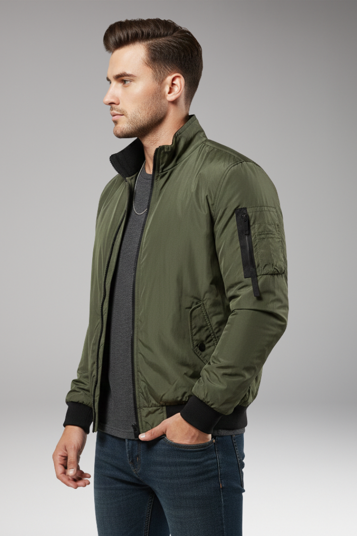 Men’s Bomber Jacket with Zipper Closure and Ribbed Edges
