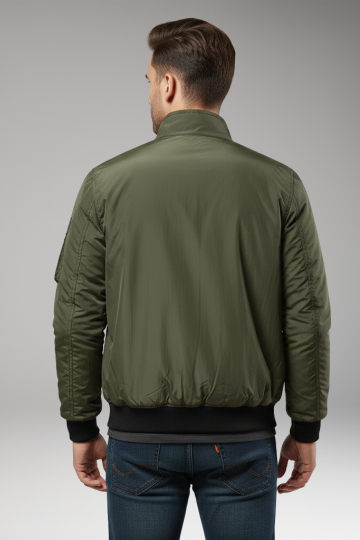Men’s Bomber Jacket with Zipper Closure and Ribbed Edges