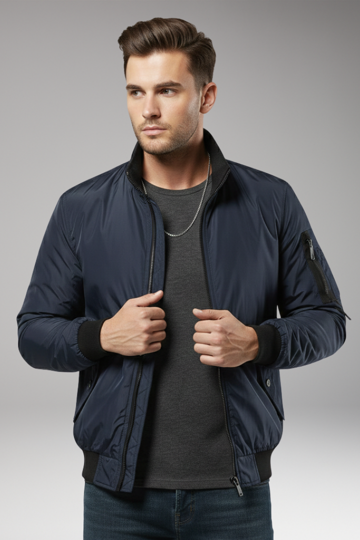 Men’s Bomber Jacket with Zipper Closure and Ribbed Edges
