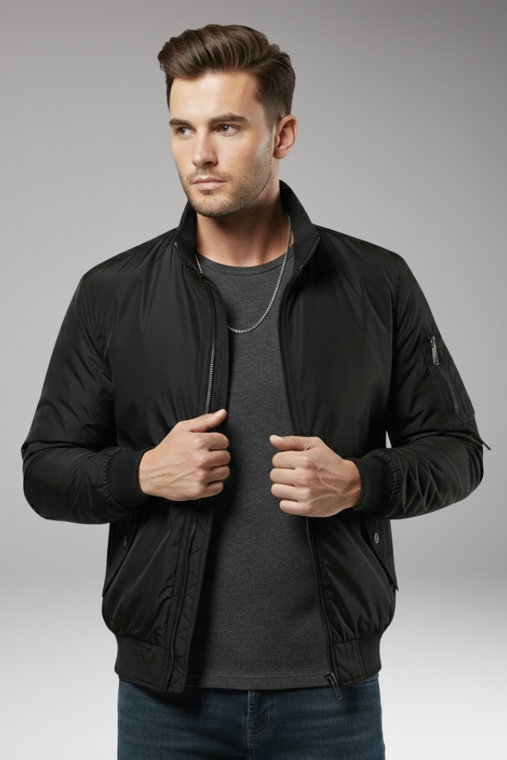 Men’s Bomber Jacket with Zipper Closure and Ribbed Edges