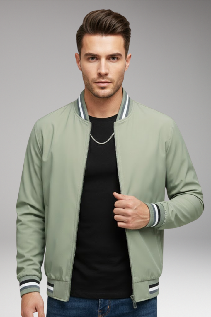 Men's Bomber Jacket with Zipper and Ribbed Sleeves