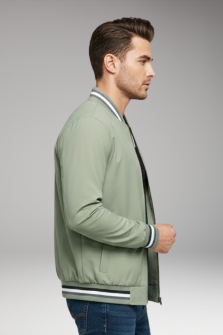 Men's Bomber Jacket with Zipper and Ribbed Sleeves