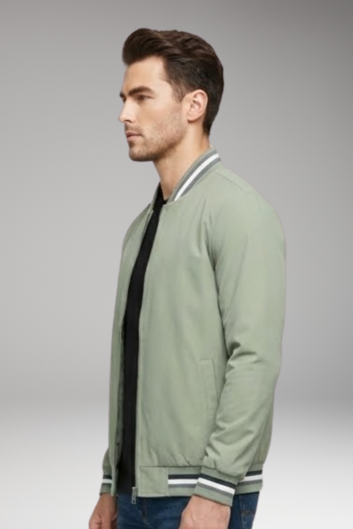 Men's Bomber Jacket with Zipper and Ribbed Sleeves