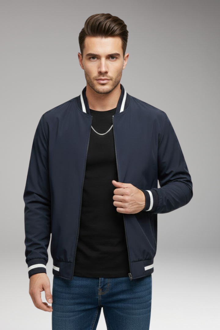 Men's Bomber Jacket with Zipper and Ribbed Sleeves