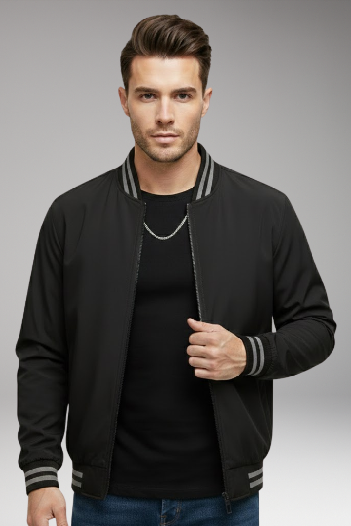 Men's Bomber Jacket with Zipper and Ribbed Sleeves