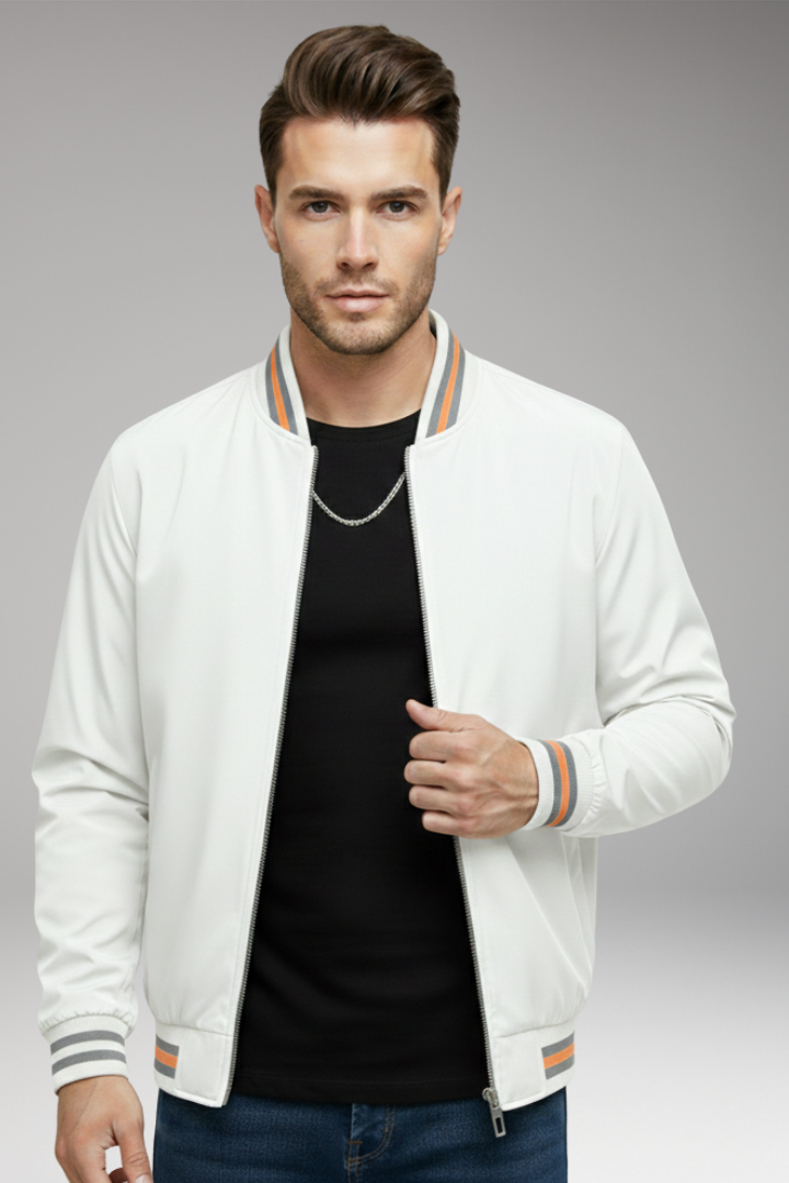 Men's Bomber Jacket with Zipper and Ribbed Sleeves
