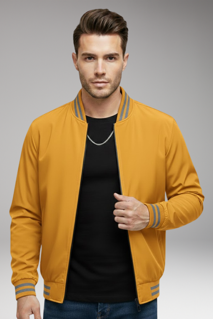 Men's Bomber Jacket with Zipper and Ribbed Sleeves