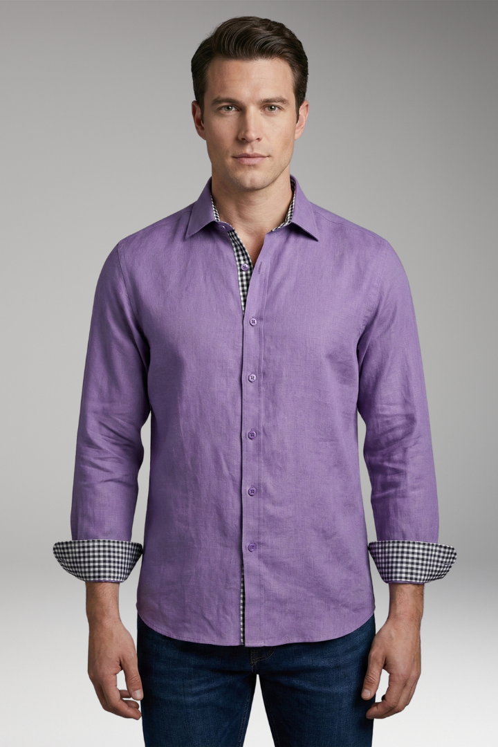 Men's Button-Down Shirt with Checkered Cuffs and Chest Pocket