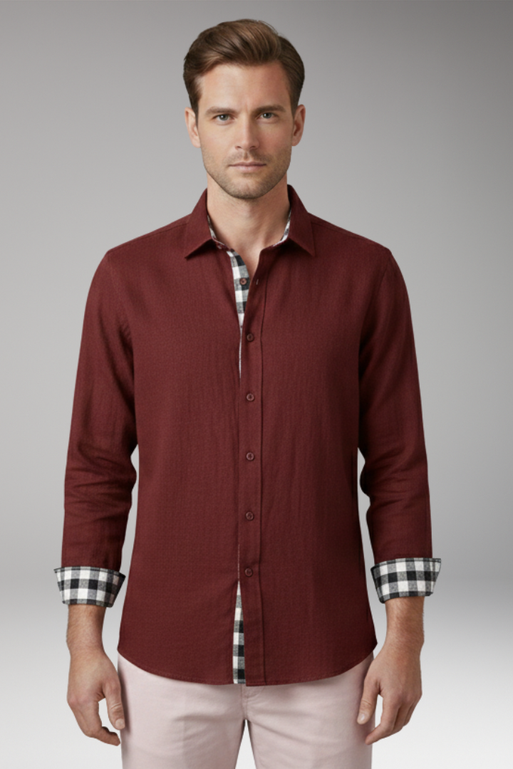 Men's Button-Down Shirt with Checkered Cuffs and Chest Pocket