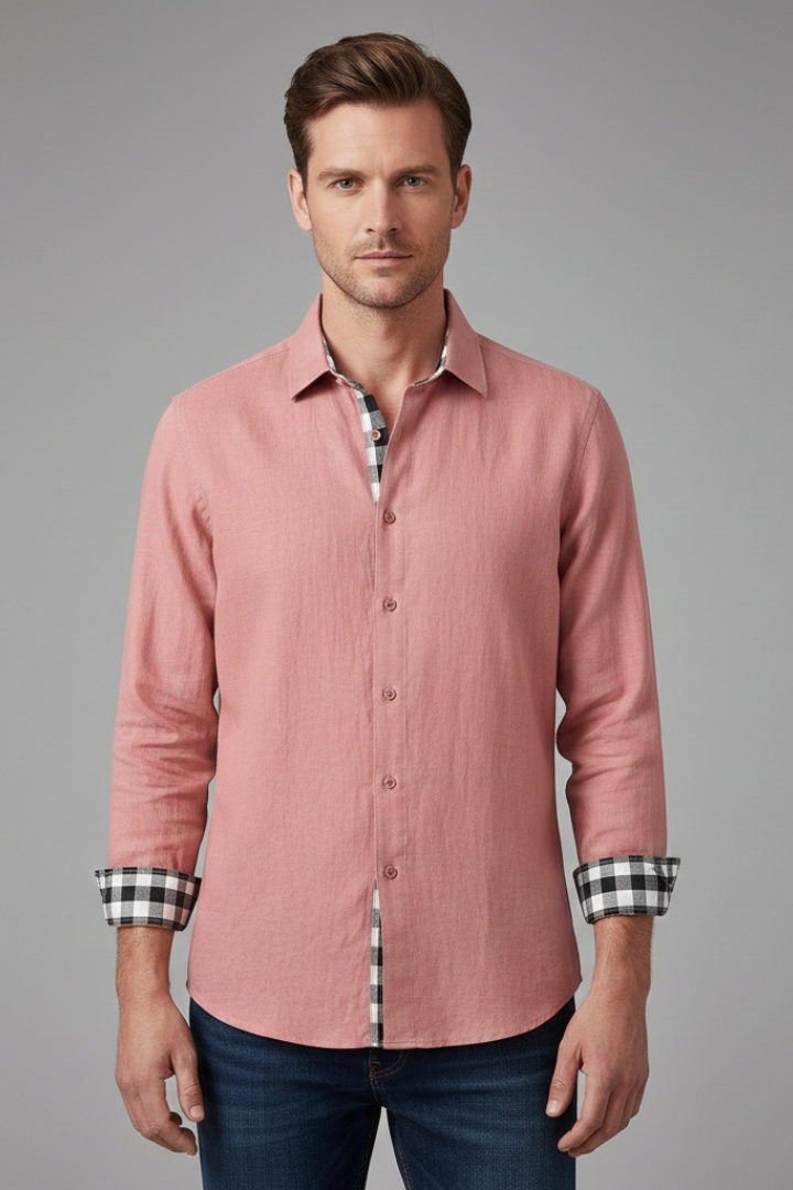 Men's Button-Down Shirt with Checkered Cuffs and Chest Pocket