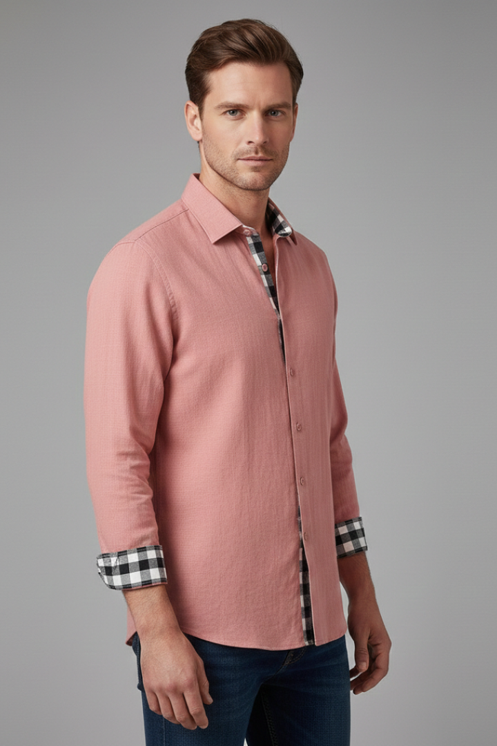 Men's Button-Down Shirt with Checkered Cuffs and Chest Pocket