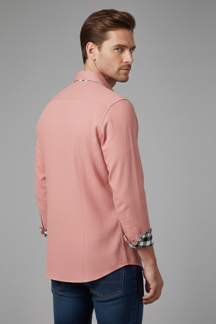 Men's Button-Down Shirt with Checkered Cuffs and Chest Pocket