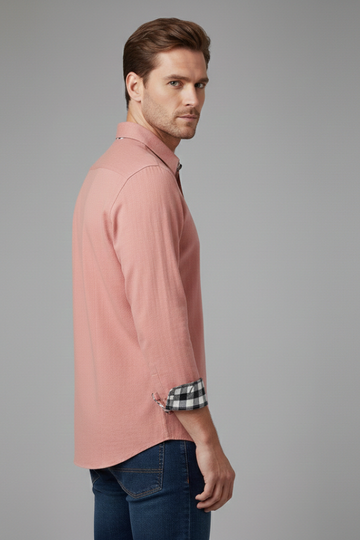 Men's Button-Down Shirt with Checkered Cuffs and Chest Pocket