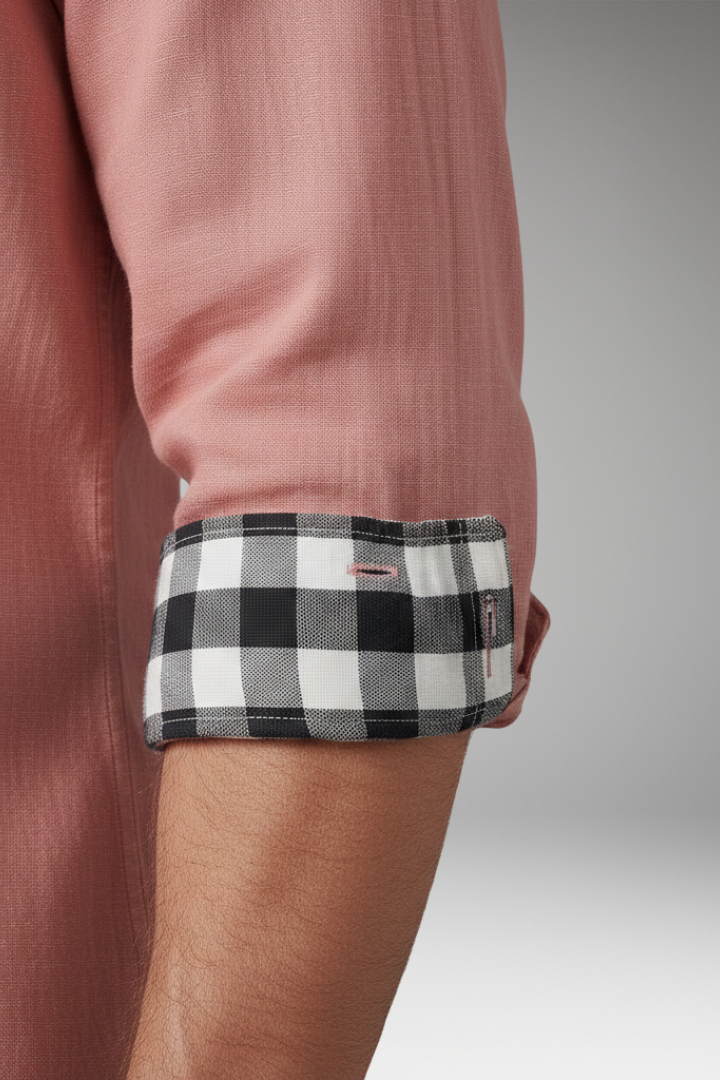 Men's Button-Down Shirt with Checkered Cuffs and Chest Pocket