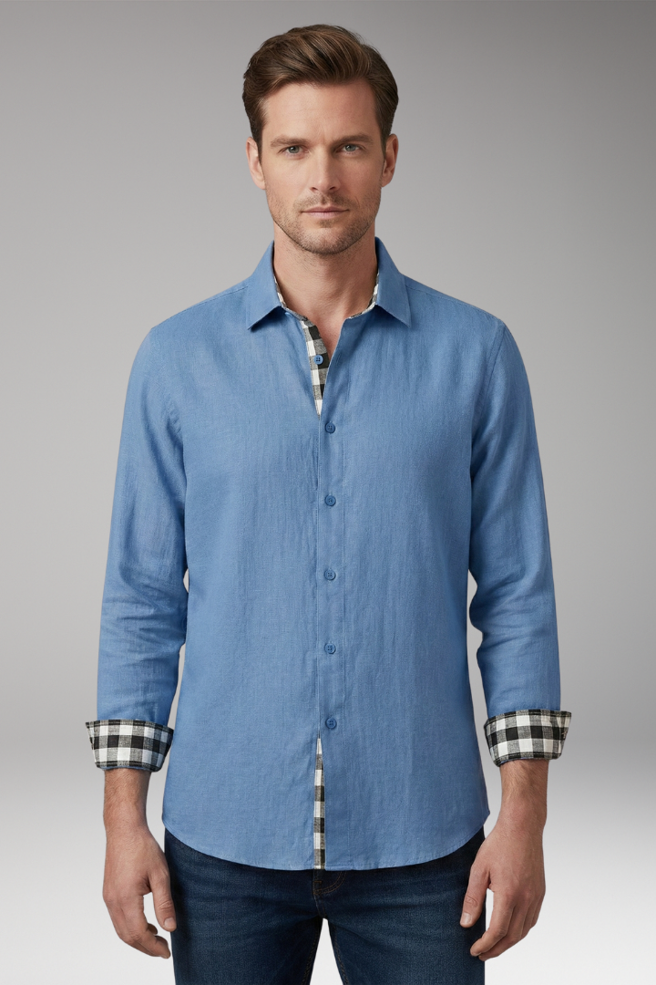 Men's Button-Down Shirt with Checkered Cuffs and Chest Pocket