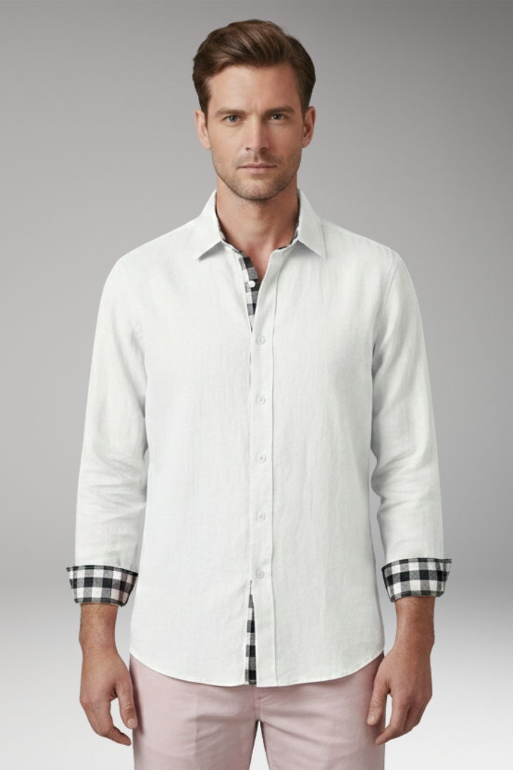 Men's Button-Down Shirt with Checkered Cuffs and Chest Pocket
