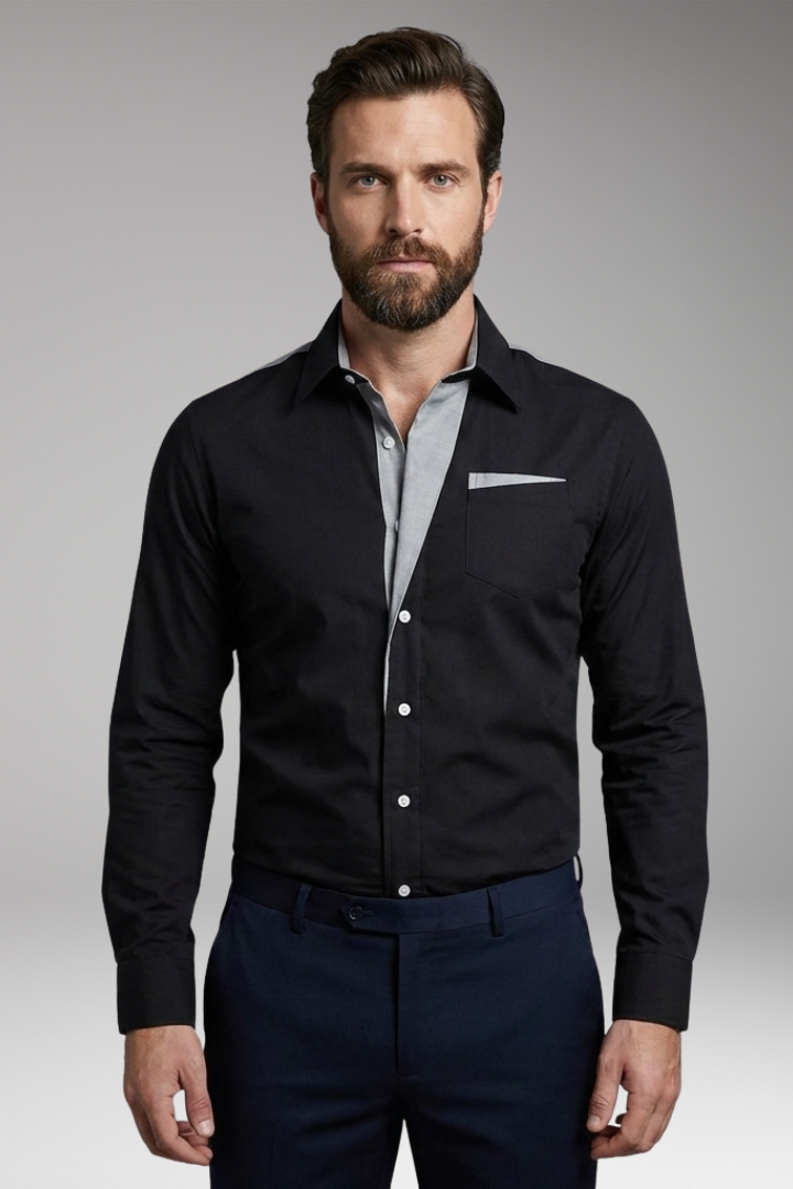 Men's Button-Down Shirt with Pointed Collar and Chest Pocket