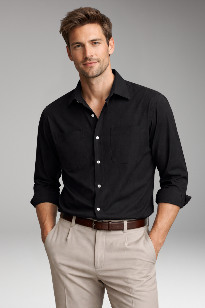 Men's Button-Up Shirt with Chest Pockets and Long Sleeves