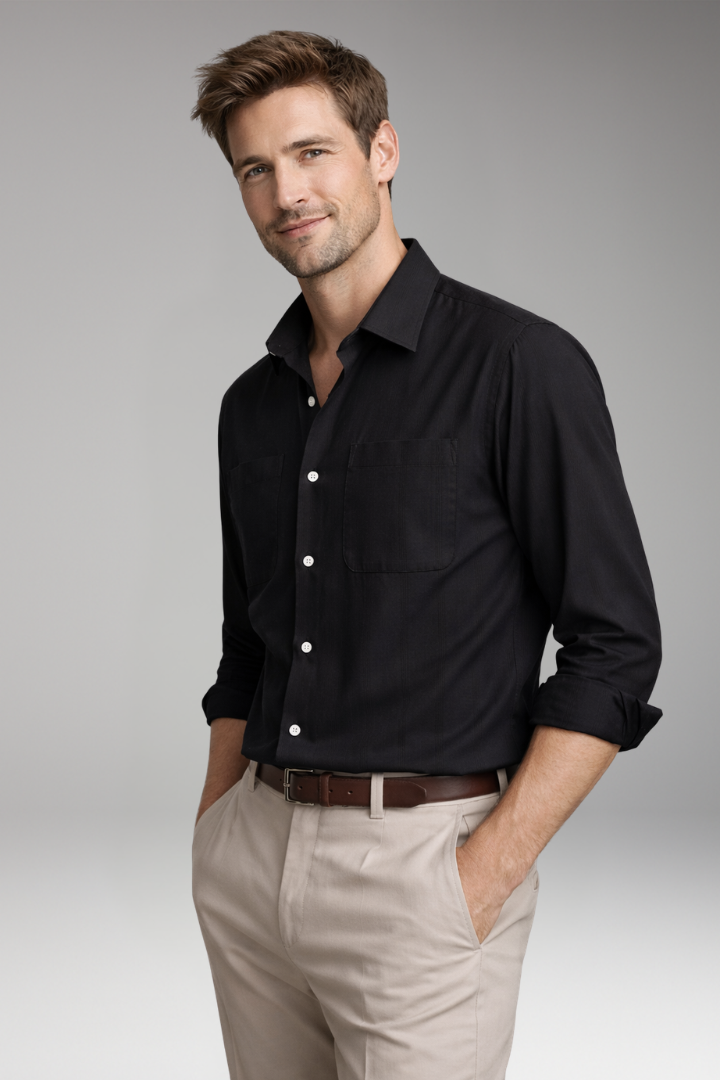 Men's Button-Up Shirt with Chest Pockets and Long Sleeves