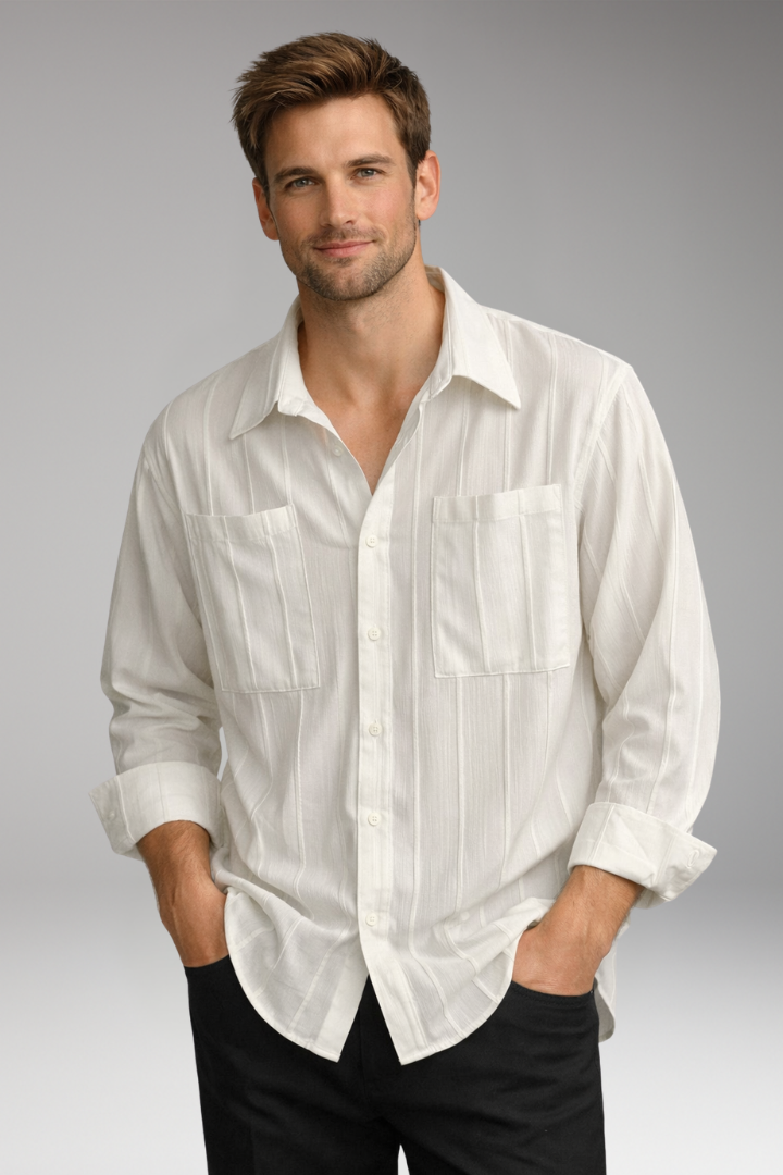 Men's Button-Up Shirt with Chest Pockets and Long Sleeves