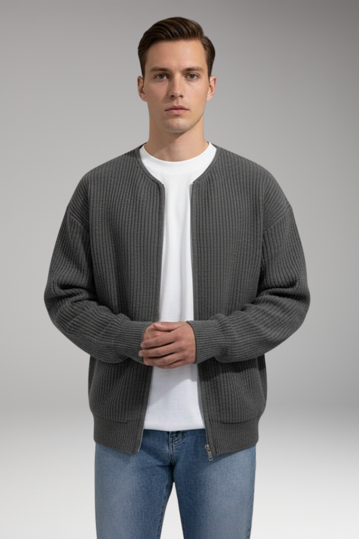 Men's Cardigan with Crew Neck and Zipper Closure