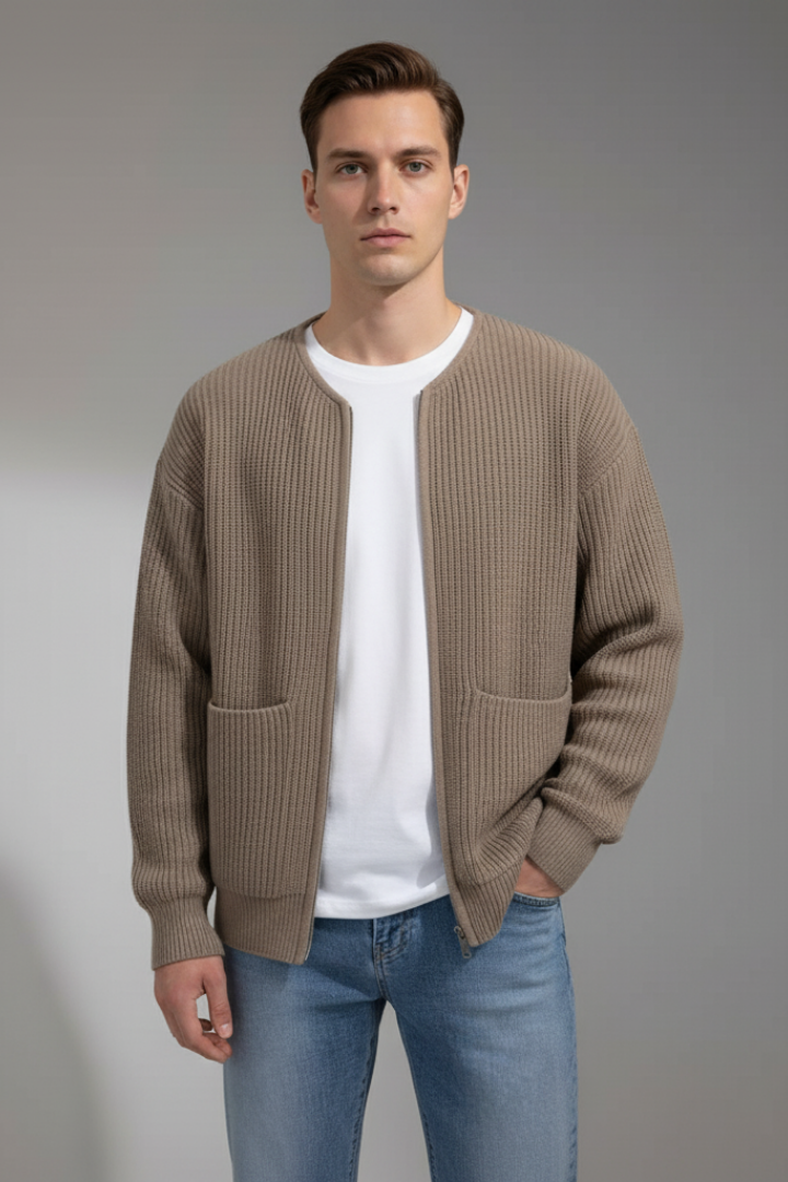 Men's Cardigan with Crew Neck and Zipper Closure