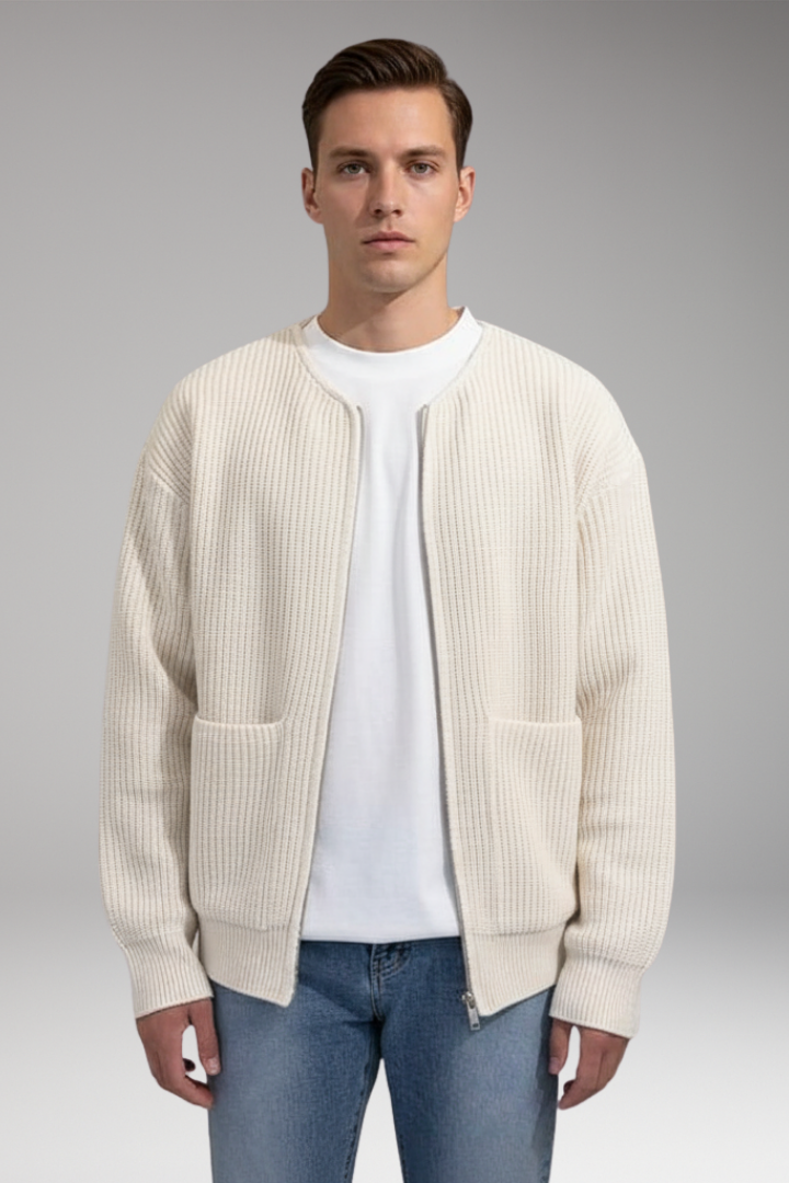 Men's Cardigan with Crew Neck and Zipper Closure