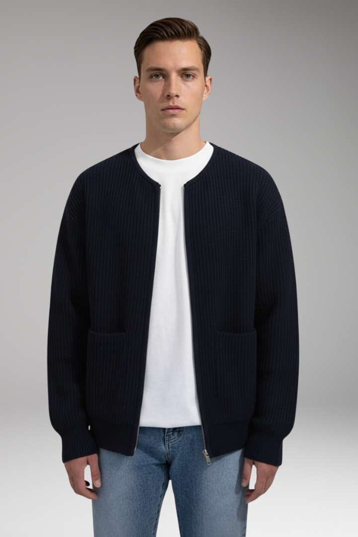 Men's Cardigan with Crew Neck and Zipper Closure