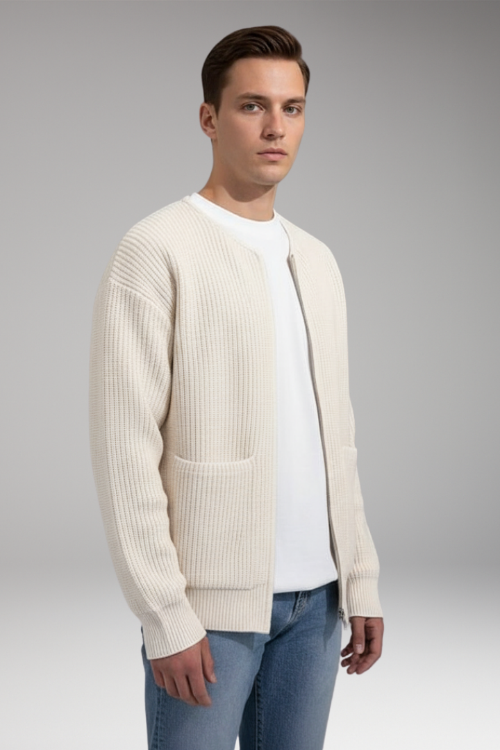 Men's Cardigan with Crew Neck and Zipper Closure