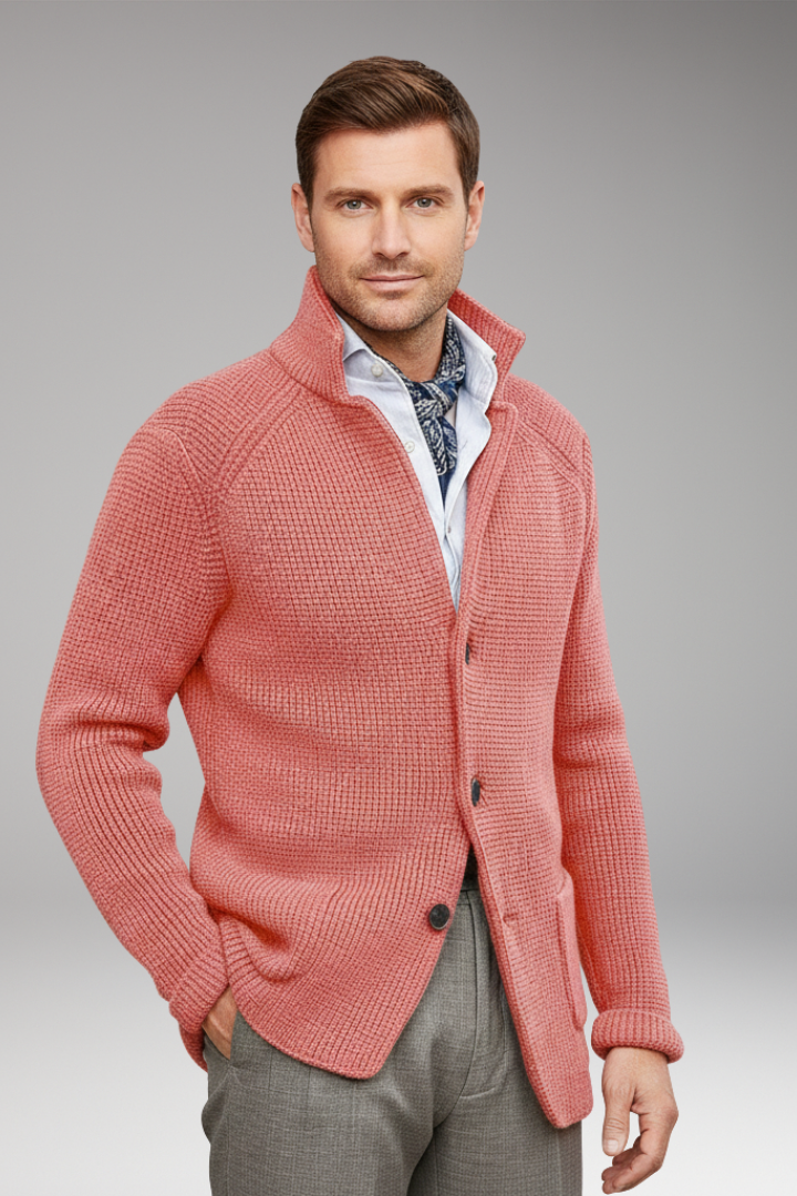 Men's Cardigan with High Collar and Side Pockets