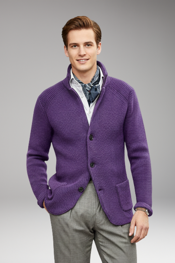 Men's Cardigan with High Collar and Side Pockets