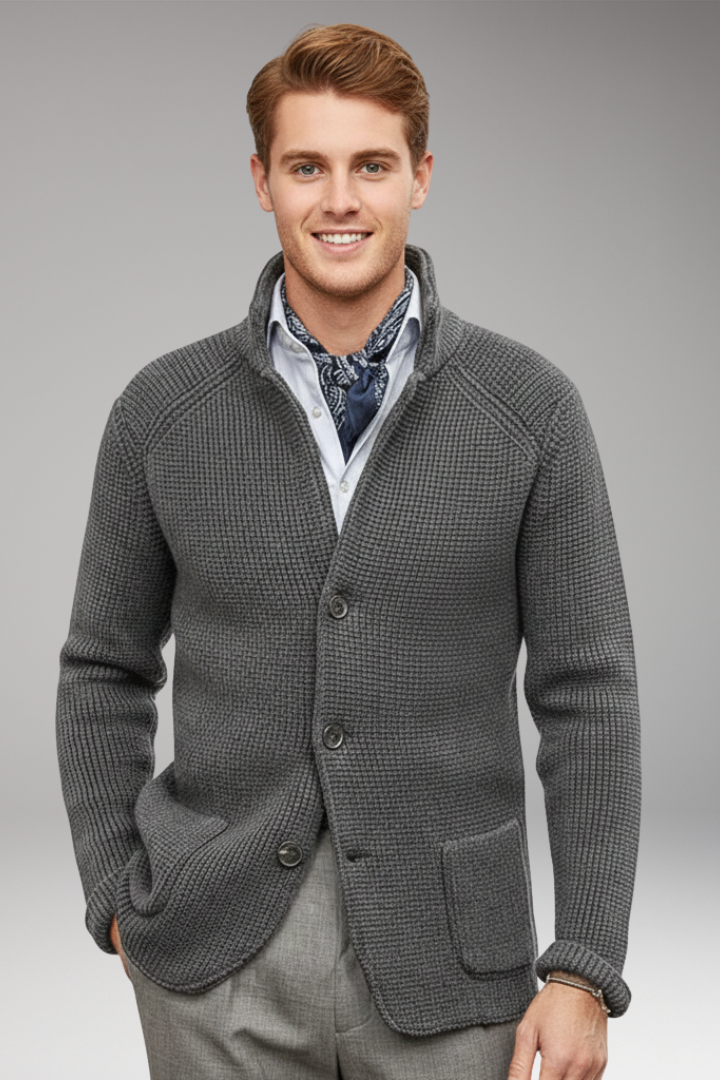 Men's Cardigan with High Collar and Side Pockets