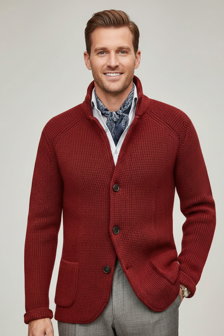 Men's Cardigan with High Collar and Side Pockets