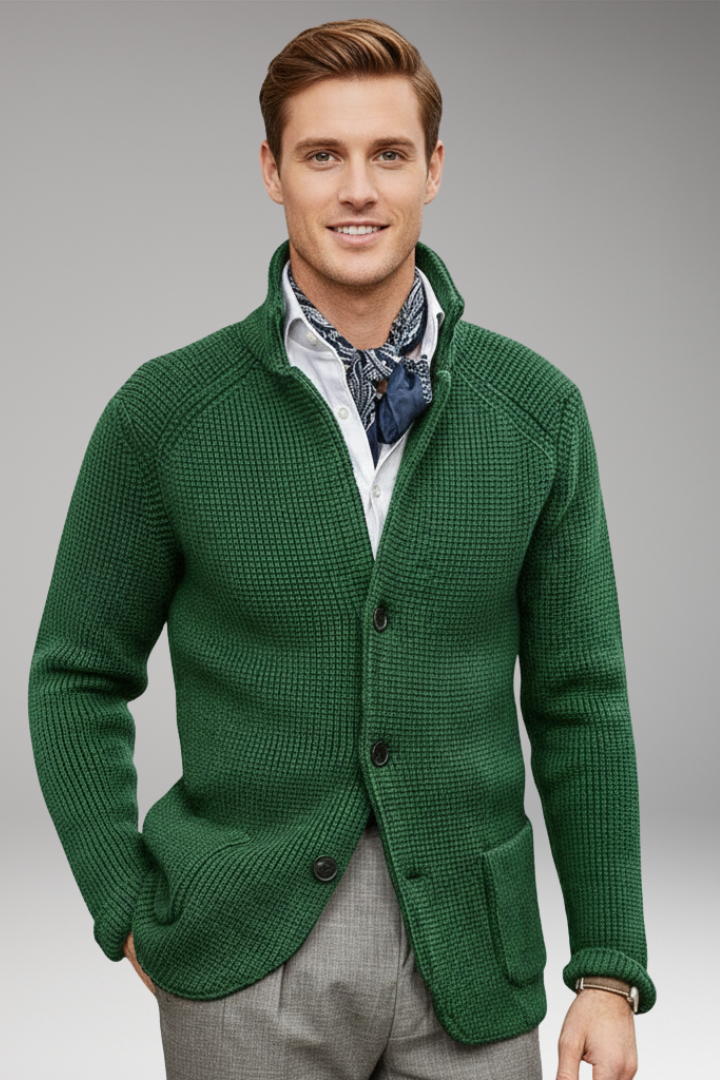 Men's Cardigan with High Collar and Side Pockets