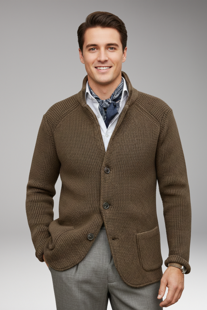 Men's Cardigan with High Collar and Side Pockets