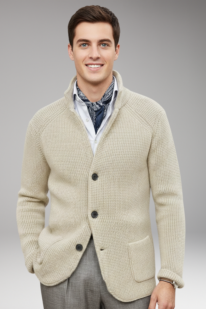 Men's Cardigan with High Collar and Side Pockets