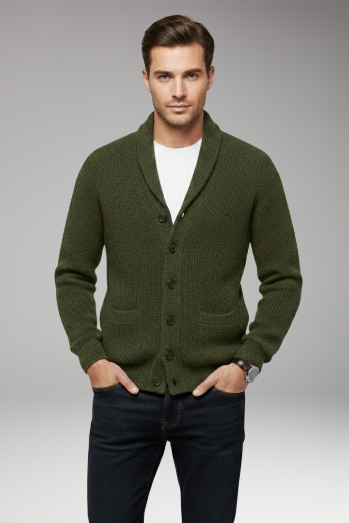 Men’s Cardigan with Shawl Collar and Patch Pockets