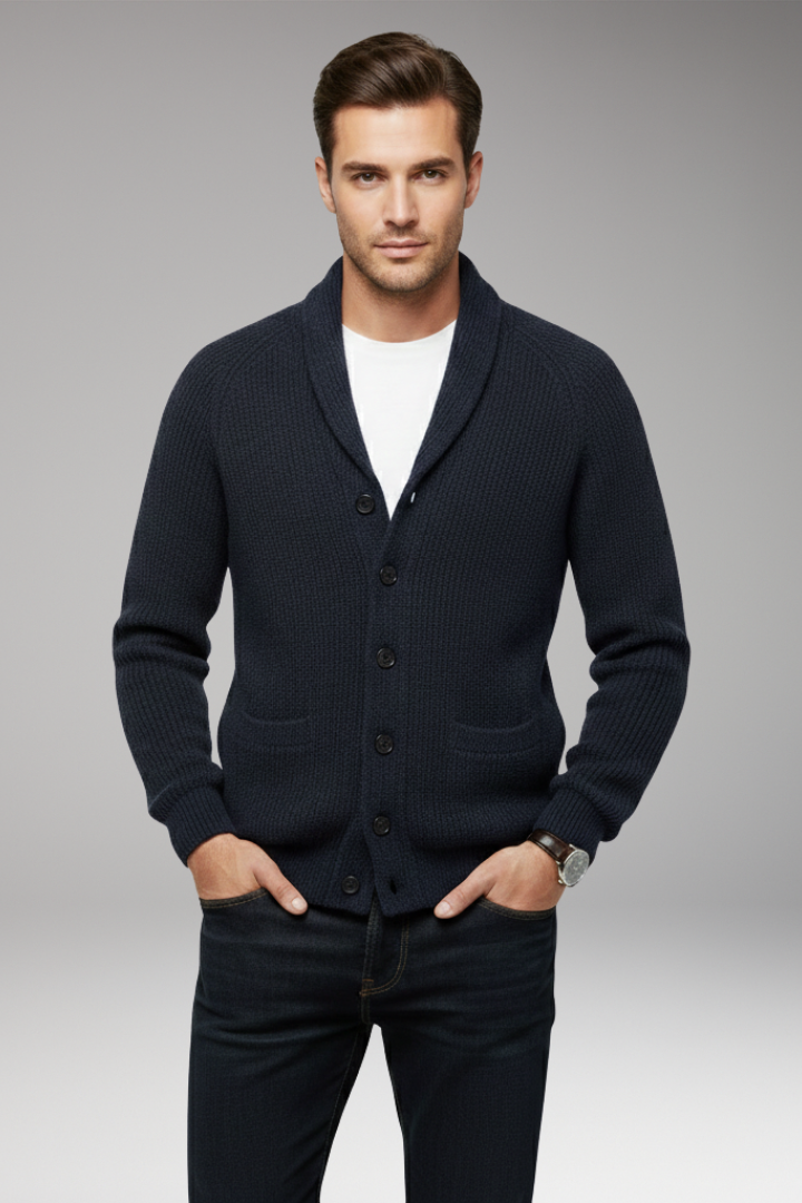 Men’s Cardigan with Shawl Collar and Patch Pockets
