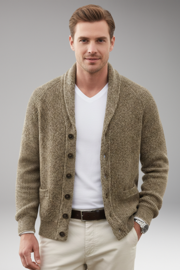 Men’s Cardigan with Shawl Collar and Patch Pockets