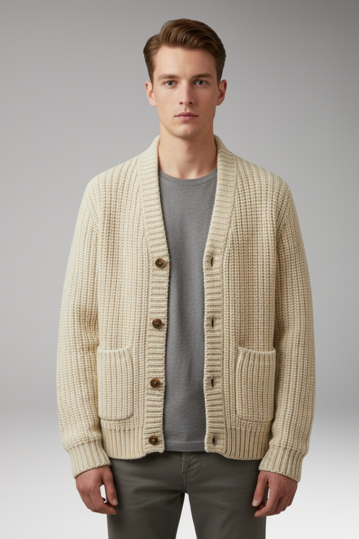Men's Cardigan with Stand Collar and Front Pockets